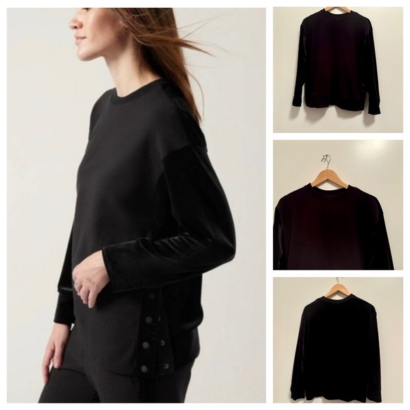 Athleta Retroplush Black Velvet Crewneck Sweatshirt Snap Button Side Slit- SP - Picture 1 of 14